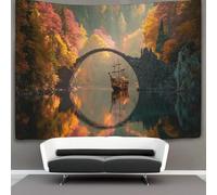 kaiyun A Boat Floats on The Stone Arch Bridge on The Lake in Autumn Tapestry Bedroom Aesthetic - Indie Wall Room Decor Wall Hanging,Wall Art 180cmx230cm