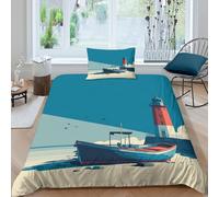 kaiyun A Boat on The Beach 3D Printed Lighthouse Duvet Cover Set,Microfibre Bedding Sets with Pillowcase Comforter Cover for Children Kids Boys Girls Single(135x200cm)