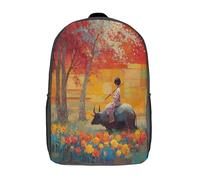 kaiyun A Boy Riding on The Back of A Large Buffalo Playing The Flute Kids Travel Backpack Kindergarten Schoolbag Bookbag For Girls Boys Baby 17inch