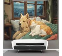 kaiyun A Puppy And A Kitten Facing A Window on A Rainy Night Tapestry, Art Wall Hanging Decoration for Living Room Bedroom & Dorm 130cmx150cm