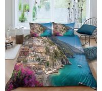 kaiyun Amalfi Coast View Printed Duvet Cover Set 3 Piece Microfiber Quilt Cover 3D Patterned Easy Care Bedding Set - Shrink & Fade Resistant King（220x240cm）