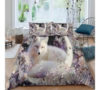 kaiyun An Elegant Silver Fox Under The Crescent Moon 3D Duvet Cover,Microfibre Bedding Sets, Easy-Care Printed Quilt Covers, 3 Piece Comforter Cover for Kids Teens King（220x240cm）