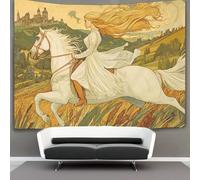 kaiyun Blonde Girl Riding A White Horse Tapestry A Medieval Kingdom in The Background Wall Hanging for Bedroom Home Decor HD Printing Living Room, Dorm 150cmx200cm