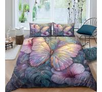 kaiyun Butterfly Duvet Cover 3 Piece 3D Print Hibiscus Flower Monstera Leaf Quilt Bedding Set With Pillowcase, Microfibre Comforter Cover Double(200x200cm)
