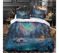kaiyun Cabin Bedding Set 3D Printed Northern Lights Duvet Cover Soft Microfiber Quilt Cover Comforter Cover 3 Piece for Teens Boys Girls Super King（260x220cm）