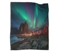 kaiyun Coastal Village in Lofoten Islands, Norway Blanket,Soft,Comfortable And Warm,3D Northern Lights Pattern,Suitable for Home And Camping,40x50inch(100x130cm)