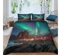 kaiyun Coastal Village in Lofoten Islands, Norway Duvet Cover 3D Northern Lights Printed Bedding Set for Kids Teens Adults Microfibre Quilt Cover Bed Decor 3Pcs Double（200x200cm）