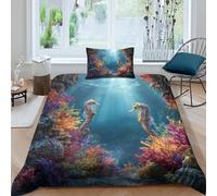 kaiyun Coral Reef 3D Printed Duvet Cover Microfibre for Kids Teens Adults Seahorse with Sunlight Shining through Underwater Soft Quilt Covers Easy Care Bedding Sets with Pillowcase Single（135x200cm）