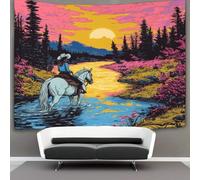 kaiyun Cowgirl Riding Horse Across Open River, Mountains Tapestry Wall Hanging,Pop Art for Bedroom Decor Birthday Party Celebration Or Garden Backdrop 100cmx150cm