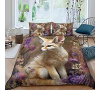 kaiyun Fennec Fox, Purple Flowers 3PCs Duvet Cover Sets, 3D Printing Themed, Comfortable, Soft Bedding Set Bedroom Decor King（220x240cm）