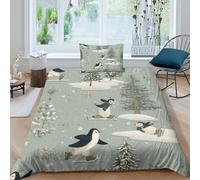 kaiyun Frozen Lake, Penguins on Skates 3D Effect Printed Duvet Cover Set with Pillow with Zipper Cases 3 Piece Bedding Set Microfibre Easy-Care Single（135x200cm）