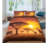 kaiyun Golden-orange Sunset Printed Bedding Set Microfibre Duvet Cover Set 3d Elephants Giraffes And Acacia Trees Theme Comforter Cover 3 Pieces for Kids Teens Adults King(220x240cm)