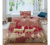 kaiyun Golden Reindeer And Trees on Red Background Duvet Cover Set 3D Printed Bedding Set, Quilt Cover,3 PCs - Shrink & Fade Resistant for Children Kids Boys Girls Single(135x200cm)