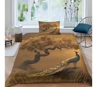 kaiyun Golden Twisted Tree Duvet Cover Set 3 Piece Bedding Set 3D Print Soft Microfibre Polyester Cover with Pillowcases,Golden Peacock at Sunset Quilt Cover Single（135x200cm）