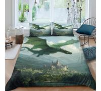 kaiyun Green Dragon Flying over The Lake Printed Duvet Cover, 3Pcs with Pillowcase Bedding Bed Set,Microfibre Quilt Covers,3D Print, for Children Kids Boys Girls Double(200x200cm)