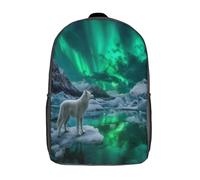 kaiyun Green Northern Lights Children Backpack White Arctic Wolf Rucksack Girls Boys Large Capacity Kids Travel Bag Lightweight for Teenagers Students 17inch