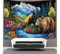kaiyun Grizzly Bears in The River, Forest, And Mountains Tapestry Wall Hanging for Bedroom Home Decor HD Printing Living Room, Dorm 100cmx150cm