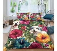 kaiyun Hibiscus Flowers Dog Duvet Cover 3D Print Microfibre Bedding Sets, 3 Piece Printed Quilt Covers With Pillow Cases, Comforter Cover for Kids Adult Double(200x200cm)