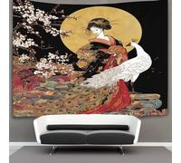 kaiyun Japanese Oiran Tapestry,White Peacock in The Cherry Blossoms Art Wall Hanging Decoration for Living Room Bedroom & Dorm 180cmx230cm
