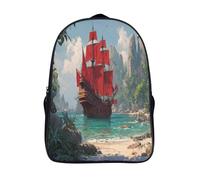 kaiyun Large Wooden Boat with Red Sails Anchored on A Jungle Island Childrens Premium Backpack School Rucksack Travel Bag Boys Girls with Side Mesh Pocket And Zipped Pocket 16 inch