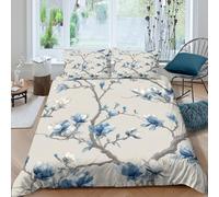 kaiyun Light Blue Magnolia Branches Duvet Cover 3D Print Microfibre Bedding Sets, 3 Piece Printed Quilt Covers With Pillow Cases,Chinese Style Comforter Cover for Kids Adult King（220x240cm）