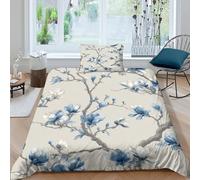 kaiyun Light Blue Magnolia Branches Printed Duvet Cover Set 3 Piece Microfiber Quilt Cover 3D Chinese Style Patterned Easy Care Bedding Set - Shrink & Fade Resistant Single（135x200cm）