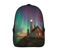 kaiyun Lighthouse at Night Shining with Northern Lights School Bags Girls Boys Backpack for Teenagers Large Capacity School Bag Lightweight Rucksack 16 inch