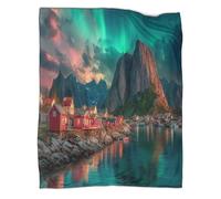 kaiyun Lofoten Islands Northern Lights And Red Houses Blanket 3D Printed Throws Suitable Teens Adults Soft Plush Suitable for Holiday Bed Sofa 50x60inch(127x152cm)