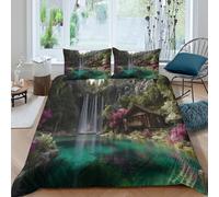 kaiyun Magnificent Waterfall, Log Cabin 3D Duvet Cover,Microfibre Bedding Sets, Easy-Care Printed Quilt Covers, 3 Piece Comforter Cover for Kids Teens Super King（260x220cm）