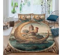 kaiyun Medieval Illustration, A Crescent Moon, A Chicken Duvet Cover Set 3 Piece Bedding Set 3D Print Soft Microfibre Polyester Cover with Pillowcases, Quilt Cover Double（200x200cm）