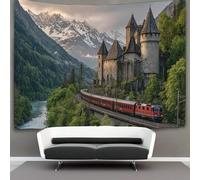 kaiyun Medieval Stone Castle Tapestry,Red Passenger Train Wall Art Aesthetic Home Decoration for Living Room Dorm 100cmx150cm