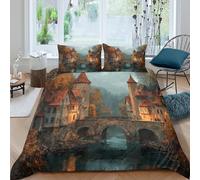 kaiyun Medieval Towns Duvet Cover 3D Autumn Surrounded by Trees Printed Bedding Set for Kids Teens Adults Microfibre Quilt Cover Bed Decor 3Pcs King（220x240cm）
