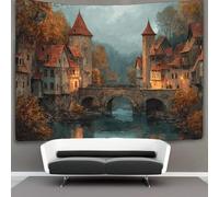 kaiyun Medieval Towns Tapestry Autumn Surrounded by Trees Tapestries 3D Wall Hanging Home Decorations for Room 150cmx200cm