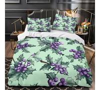 kaiyun Mint Background Duvet Cover 3Pcs Set 3D Printed Purple Holly And Mistletoe Quilt Covers Set with Pillowcase Microfibre Bedroom Bedding Set Super King（260x220cm）