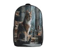 kaiyun Mottled Calico Cat Backpacks The Wizard's Study Windowsill 3D Printed Daypack for Boys Girls And Middle School Students 17inch Large Capacity Bookbags