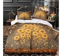 kaiyun Oak, Yellow Sunflowers Duvet Cover 3D Print Microfibre Bedding Sets, 3 Piece Printed Quilt Covers With Pillow Cases,Brown Fallen Leaves Comforter Cover for Kids Adult Super King（260x220cm）