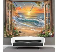 kaiyun Open Windows Tapestry,Beach Sunset Sky Seagulls Dolphins Jumping Out of The Water Wall Art Aesthetic Home Decoration for Living Room Dorm 180cmx230cm