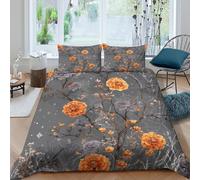 kaiyun Orange Marigold And Lilac Flowers Printed Comforter Cover Set 3D Print Spiderweb Pattern Quilt Covers Microfibre Bedding 3 Pcs Set with Pillow Case for Kids Teens Adults King(220x240cm)