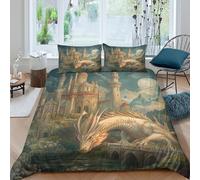 kaiyun Palace, Dragon Duvet Cover 3 Pieces Fairy Tale Style Pattern Printed Bedding Bed Linen Sets with Zipper Closure Soft Microfiber Double(200x200cm)
