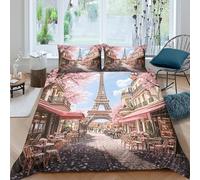 kaiyun Paris Street Scene 3D Cherry Blossom View Style Effect Printed Duvet Cover Set with Pillow with Zipper Cases 3 Piece Bedding Set Microfibre Easy-Care Single（135x200cm）