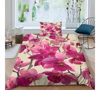 kaiyun Pink Vanilla Orchid Duvet Cover 3D Print Microfibre Bedding Sets, 3 Piece Printed Quilt Covers With Pillow Cases, Comforter Cover for Kids Adult Single(135x200cm)