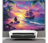 kaiyun Pirate Holding A Sword on The Beach And Looking at The Boat Tapestry Wall Hanging Treasure Chest Shells Starfish Wall Art for Living Room Bedroom Dorm 150cmx200cm
