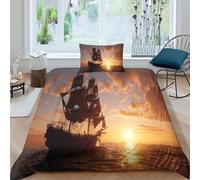 kaiyun Pirate Ship Sails Toward The Sun 3D Effect Printed Duvet Cover Set with Pillow with Zipper Cases 3 Piece Bedding Set Microfibre Easy-Care Single（135x200cm）