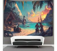 kaiyun Pirates Drinking Rum on The Beach Tapestry Bay Palm Trees Sunset Wall Hanging Bedroom Home Decor 100cmx150cm