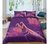 kaiyun Praying Mantis in Front of Purple Flowers 3D Duvet Cover,Microfibre Bedding Sets, Easy-Care Printed Quilt Covers, 3 Piece Comforter Cover for Kids Teens Double（200x200cm）
