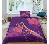 kaiyun Praying Mantis in Front of Purple Flowers 3D Duvet Cover, Printed Bedding Sets,Microfibre Quilt Covers 3 Piece Set, with Pillowcase for Kids Teens Adults Single（135x200cm）