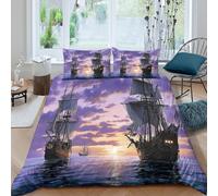 kaiyun Purple Sky-Pirate Ship Duvet Cover 3D Printed Bedding Set for Kids Teens Adults Microfibre Quilt Cover Bed Decor 3Pcs King（220x240cm）