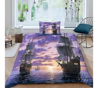 kaiyun Purple Sky-Pirate Ship Duvet Cover Set 3D Print 3Pcs Bedding Set,Easy-Care Quilt Cover,with Pillowcase for Kids Teens Adults Single（135x200cm）