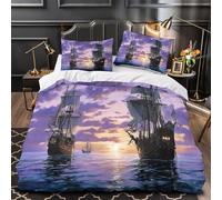 kaiyun Purple Sky-Pirate Ship Duvet Cover Set 3D Printed Bedding Set, Quilt Cover,3 PCs - Shrink & Fade Resistant for Children Kids Boys Girls Super King（260x220cm）
