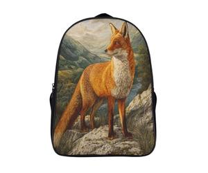 kaiyun Red Orange Fox Standing on A Rock Childrens Premium School Travel Bag with Side Hidden Pockets,Mountains And River Bookbag for Boys Girls,Adjustment Buckle Rucksack 16 inch